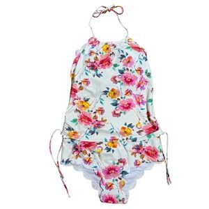 RAD SwimTankini Set Floral White Halter Top Scalloped Bottoms Women's M